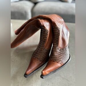 Dollhouse Brown Heeled Boots with Intricate Leather Detailing